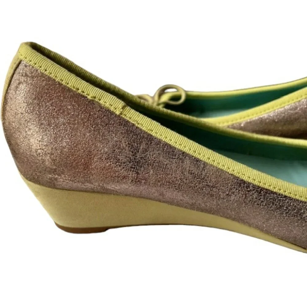 Boden Metallic Wedge Ballerina Shoes Leather Bow - Gold/Lime - 38 (7.5-8)